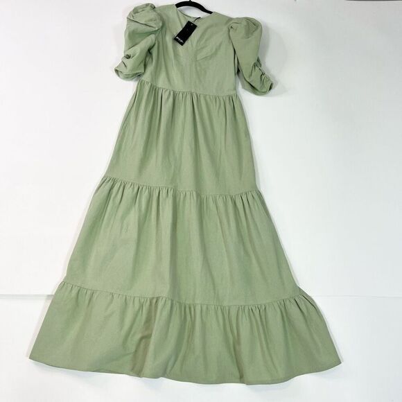 Nasty Gal Maxi Dress Womens Sage Green 6 Linen Puff Sleeve Smocked Peasant NWT - Picture 1 of 15
